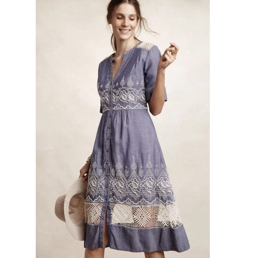 ANTHROPOLOGIE‎ MOULINETTE SOEURS BLUE DRESS WITH EMBROIDERY AND CROCHETED LACE